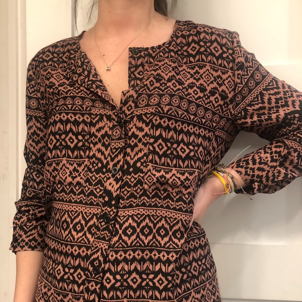 Collarless Button Up Pattern Long Sleeve Blouse
